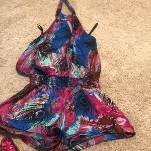 Jumper ... blue and pink peacock print